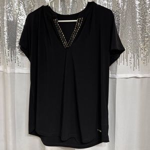 Woman’s Jones NY Sz M Short Sleeve Blouse w Gold Embellishments